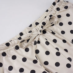 Satin Polka Dot Drawstring Flare Leg Trousers