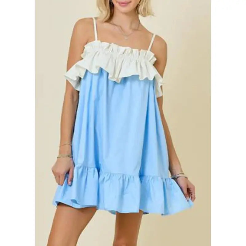 Women's ruffled bow tied back mini babydoll dress with a square neck.