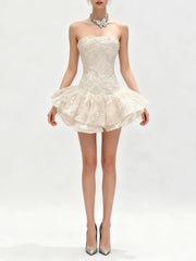 Embroidery StraplessPleated Flare Mini Dress