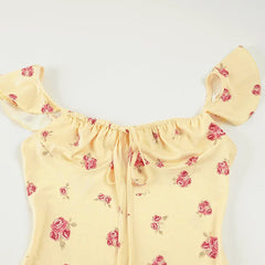 Yellow Printed Short Sleeve Tied Up Front Midi Dress
