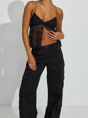 Mesh V-neck Front Slit Cami Top