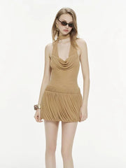 Halter Neck Folds Draped Pleated Hem Mini Dress