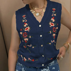 Knit V-Neck Floral Embroidery Vest