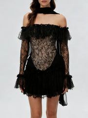 Black Lace Lapel Neck Long Sleeve Mini Dress