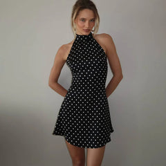 Satin Polka Dot High Neck Short Dress