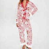 Christmas Tie Up Fur Trim Long Sleeve Shirt And Pants Sleepwear Set