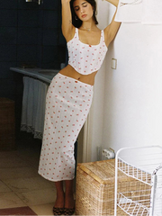 White Ribbed Rose Print Crop Corset And Midi Skirt Set