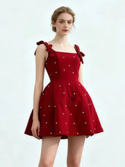 Velvet Pearl Bow Strap Flared Mini Dress