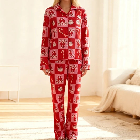 Xmas Checkerboard Candy Cane Print Button Down Shirts And Pants Pajamas Set