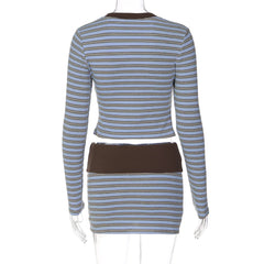 Blue Striped Crop Cardigan And Mini Skirt Set