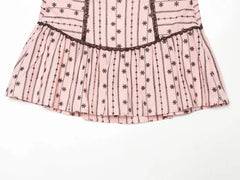 Pink Floral Stripe Lace Trim Short Sleeve Top And Mini Skirt Set