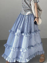 Blue Ruffles Plaid Long Skirt - Preppy A-Line