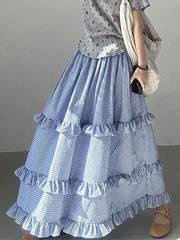 Blue Ruffles Plaid Long Skirt - Preppy A-Line