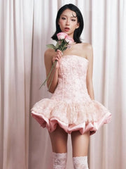 Off Shoulder Puff Sleeves Floral Bubble Mini Dress