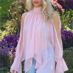 Mock Neck Back Tie Cut Out Split Flare Long Sleeve Blouse