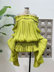 Slash Neck Long Sleeve Puff Mesh Hem Frill Mini Dress
