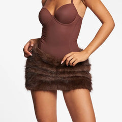 Plush Faux Fur Front Ruched Bodycon Pencil Mini Skirt