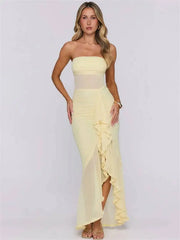 Strapless Ruffle Slit Maxi Dress