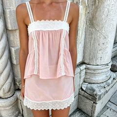 Lace Trim Square Neck Peplum Top And Mini Skirt Set