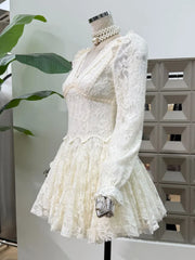 White V-Neck Lace Long Sleeve Flare Mini Dress