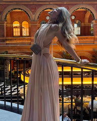 Pink Deep V-neck Backless Halter Maxi Dress