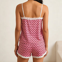 Pink V Neck Dot Print Cami Top and Elastic Waist Shorts Loungewear Set
