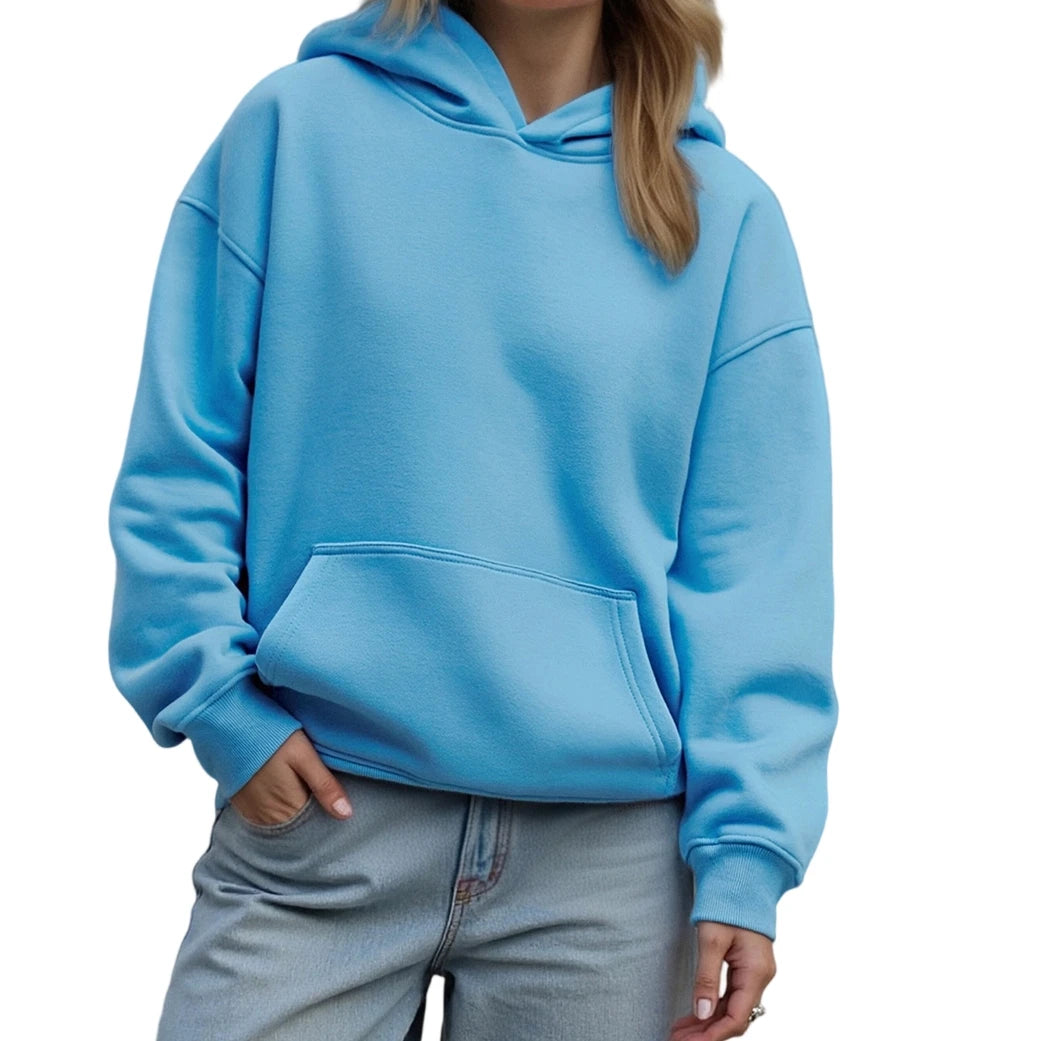 Person wearing a blue hoodie