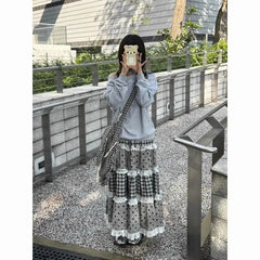 Women's black plaid and polka dot lace patchwork ruffles A-line maxi skirt.