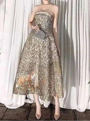 Flower Embroidered Strappy Flare Midi Dress