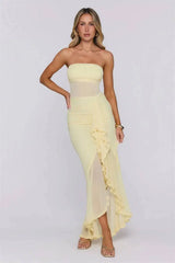 Strapless Ruffle Slit Maxi Dress