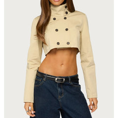 Double-Breasted High-Neck Cropped Trench Coat