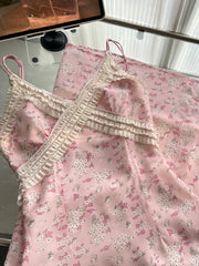 Pink Printed Frill Strap Midi Dress