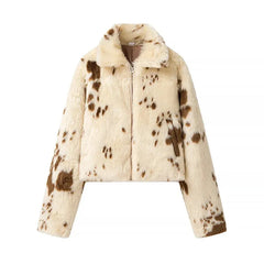 Animal Print Faux Fur Zip Short Coat