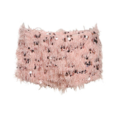 Pink Ruched Halter Open Back Top And Fur Sequin Shorts Set