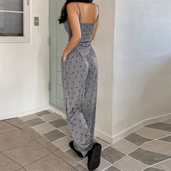 Cherry Print Cami Tops And Elastic High Waist Pants Pjs Set