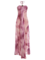 Pink Tie-Dye Mesh Halter Metal Ribbon Maxi Dress