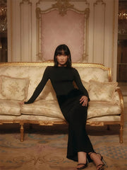 Black Long Sleeve Waist Patchwork Maxi Dress