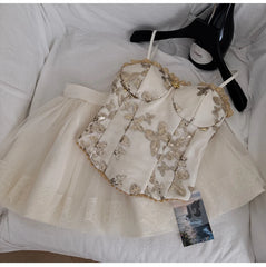 Spaghetti Strap Floral Embroidered Top and Mesh Skirt Set