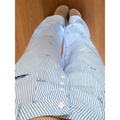 Blue Striped Wide Leg Bow Embroidery Pants