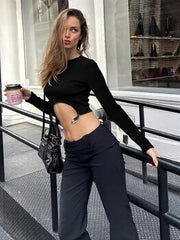 Black Metal Ring Irregular Hem Full Sleeve Top