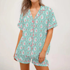 Bunny Bow/Clover Short Sleeve Button-up Top And Shorts Pajama Set
