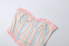 Colourful Stripe Ruffles Edge Crop Top And Capri Pants Set
