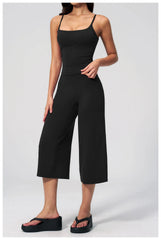 Solid Cami Removable Pads Top And Wide Leg Cropped Pants Set