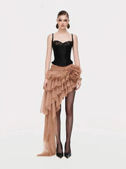 Fishbone Lace-Up Top And Mesh Asymmetrical Skirt Two-Piece Set