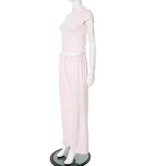 Pink Short Sleeve Top And Frill Trim Wide Pants Set