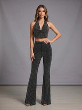 Black Rhinestone Cowl Neck Crop Tie Up Top And Wide Leg Pants Set