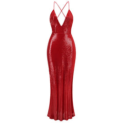 Red Sequin V-neck Strappy Maxi Dress