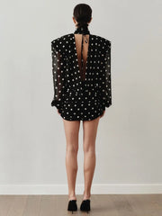 Black Turtleneck Mesh Full Sleeve Polka Dot Print Mini Dress