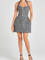 Black Plaid Tweed Halter Dress