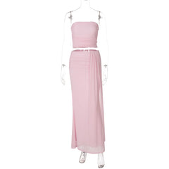 Pink Strapless Top Bandage Maxi Skirt Set